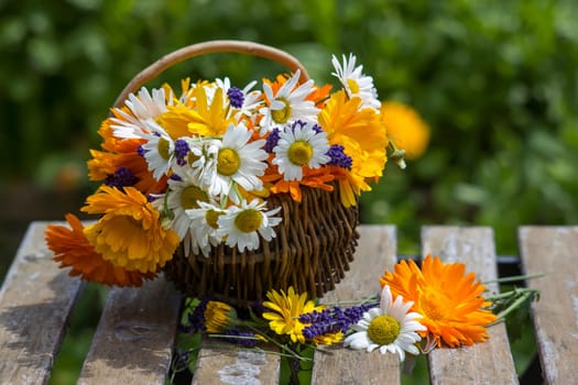 Beautiful fresh summer flowers in wicker basket on table against blurred floral background