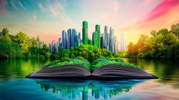 Abstract image of an open book with a colorful urban landscape on a water surface. AI generated