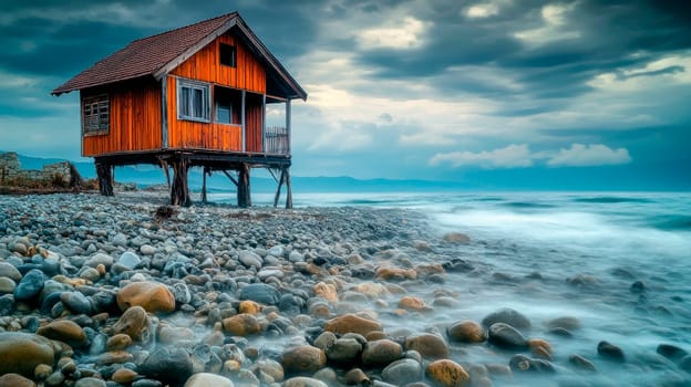 Old wooden  house on a rocky beach with a stormy sea . AI generated