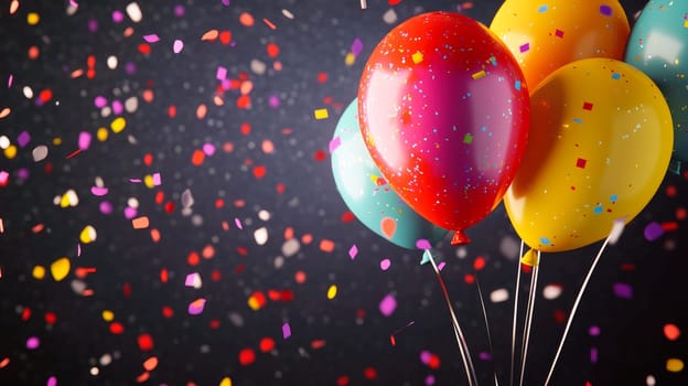Colorful helium balloons and confetti on a dark background. AI generated