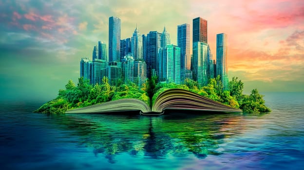 Abstract image of an open book with a green city landscape on a water surface. AI generated