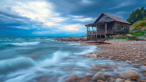 Old wooden log house on a rocky beach with a stormy sea . AI generated