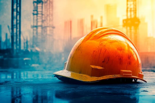 Yellow safety helmet or hard hat on blurry background of construction site. Construction industry concept. AI generated