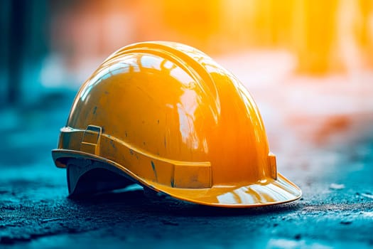Yellow safety helmet or hard hat on blurry background of construction site. AI generated