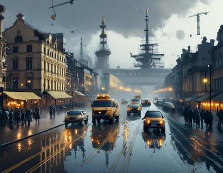 A dark, futuristic streetscape, vehicles gliding silently through the street and the rainy sky casting long shadows