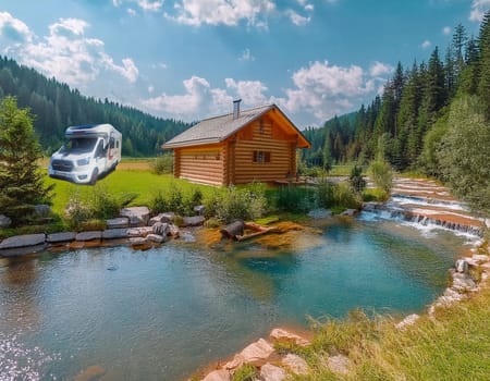 A motorhome stands idyllically in front of a cozy log cabin on the banks of a crystal-clear river.
