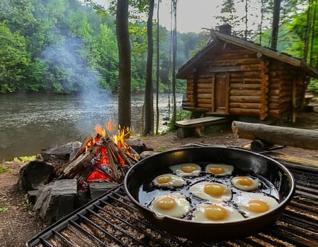 Cozy log cabin on the shore. A warming campfire burns in front of the cabin, and a delicious fried egg sizzles in a pan.