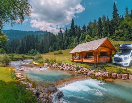 A motorhome stands idyllically in front of a cozy log cabin on the banks of a crystal-clear river.