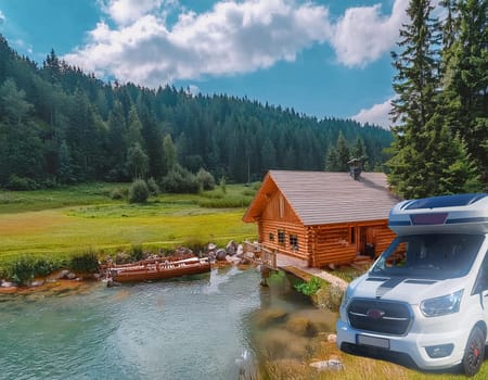 A motorhome stands idyllically in front of a cozy log cabin on the banks of a crystal-clear river.
