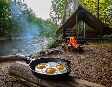 Cozy log cabin on the shore. A warming campfire burns in front of the cabin, and a delicious fried egg sizzles in a pan.
