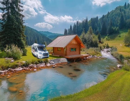 A motorhome stands idyllically in front of a cozy log cabin on the banks of a crystal-clear river.
