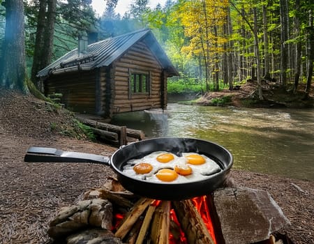 Cozy log cabin on the shore. A warming campfire burns in front of the cabin, and a delicious fried egg sizzles in a pan.