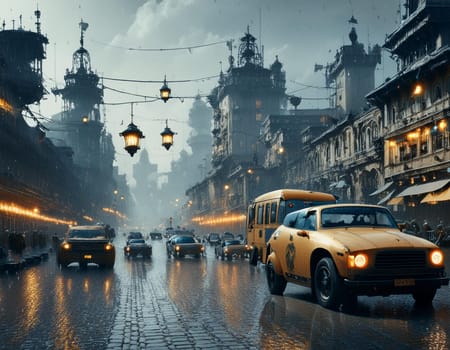 A dark, futuristic streetscape, vehicles gliding silently through the street and the rainy sky casting long shadows