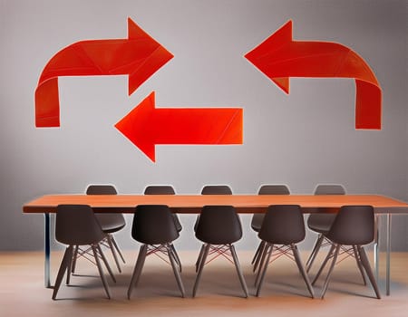 Conference table on which complex diagrams with arrows illustrate the different aspects of a business model.