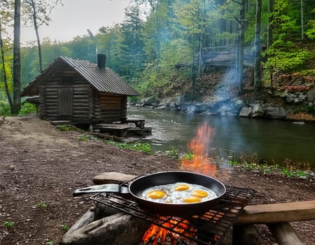 Cozy log cabin on the shore. A warming campfire burns in front of the cabin, and a delicious fried egg sizzles in a pan.