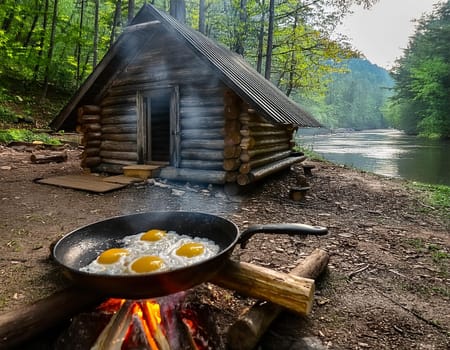 Cozy log cabin on the shore. A warming campfire burns in front of the cabin, and a delicious fried egg sizzles in a pan.