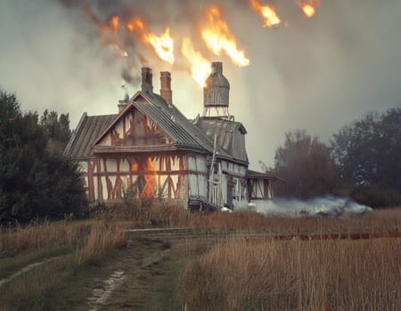 Arid landscape with burning wooden buildings. The image conveys an atmosphere of abandonment and hopelessness.