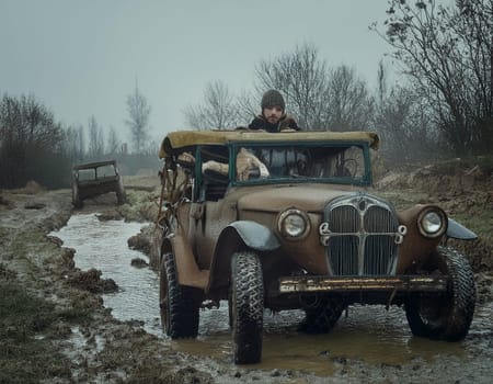 Rusty and deformed vehicles lie scattered across the landscape, witnesses to a bygone civilization.