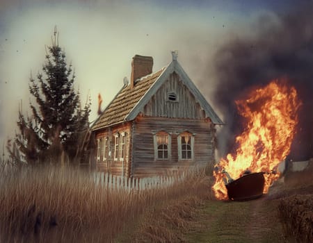Arid landscape with burning wooden buildings. The image conveys an atmosphere of abandonment and hopelessness.