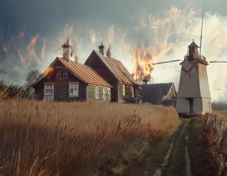 Arid landscape with burning wooden buildings. The image conveys an atmosphere of abandonment and hopelessness.