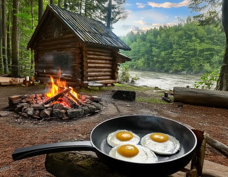 Cozy log cabin on the shore. A warming campfire burns in front of the cabin, and a delicious fried egg sizzles in a pan.