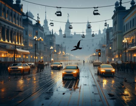 A dark, futuristic streetscape, vehicles gliding silently through the street and the rainy sky casting long shadows