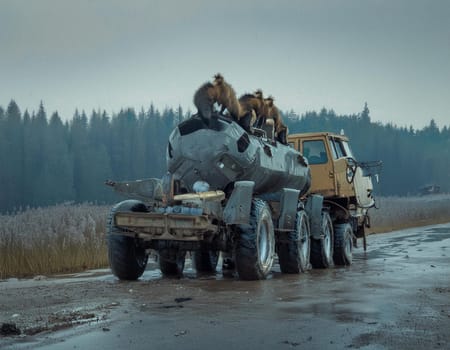 Rusty and deformed vehicles lie scattered across the landscape, witnesses to a bygone civilization.