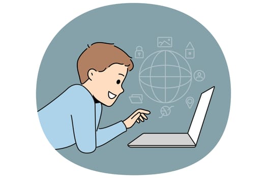 Little boy child browsing internet on laptop. Smiling kid using computer surfing on websites. Children and technology. Vector illustration.