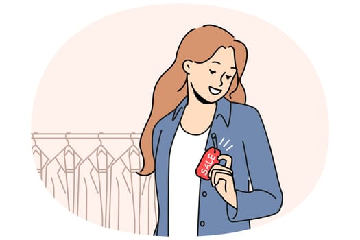 Smiling woman wearing jacket with sale tag in boutique. Happy girl buying clothes on discount or promotion in store. Shopping and style. Vector illustration.