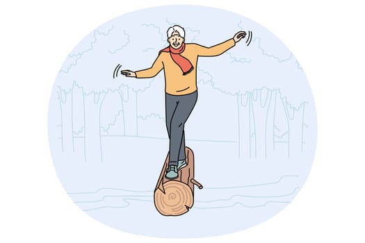 Smiling elderly man walking on wood log on river bank. Happy active old grandfather cross water on wooden log bridge. Vector illustration.