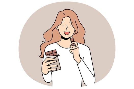 Smiling girl eating chocolate. Happy woman enjoy sweet dessert, milk or black chocolate bar. Vector illustration.