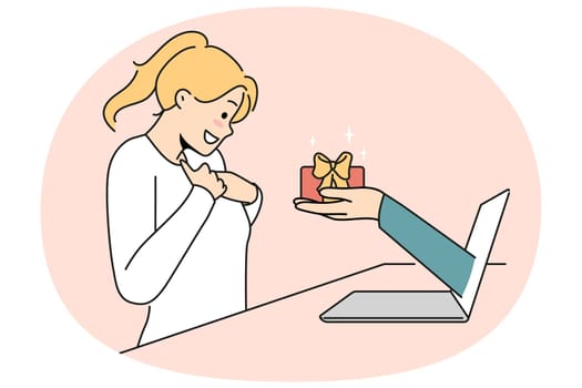 Smiling woman excited with hand stretching present from laptop. Happy female overjoyed and surprised with online bonus. Vector illustration.