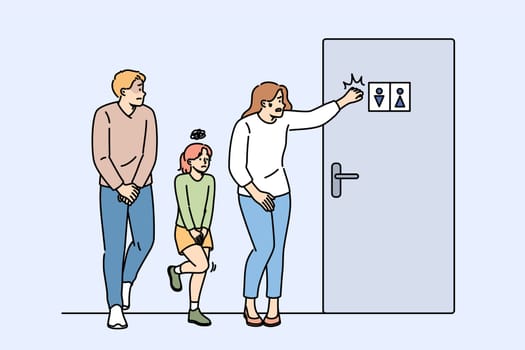 Line to toilet from family who had eaten expired food, standing near door to restroom. Diarrhea or rotavirus in suffering people who need medicinal tablets or second toilet in apartment