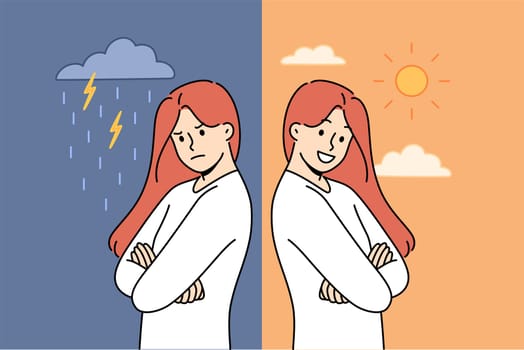 Emotional swing of woman who feels angry during rain and rejoices after sun comes out. Problem of emotional swings and sudden changes in mood in girl who needs help of psychotherapist
