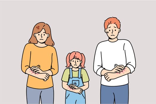 Itchy family suffers from allergies and itching problems after using contaminated clothing. Itching caused by lice in girl and parents who need tablets that kill infection and restore immunity