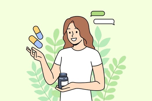 Dietary supplements and vitamins from organic herbs in hands of woman standing near plants. Dietary supplements to improve immunity and preventive fight against dangerous viruses or infections