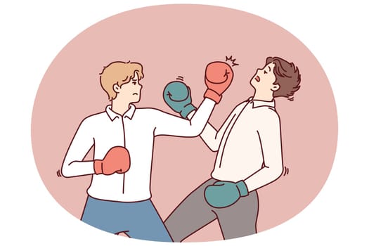 Determined business man in boxing gloves strikes opponent in face, symbolizing fierce competition between employees. Men in business attire are fighting for right to take emerging position of manager