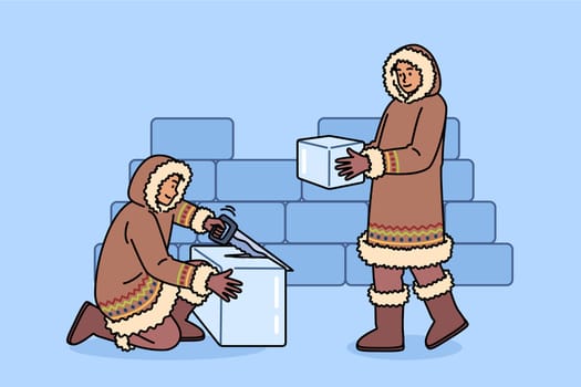 Indigenous peoples of north build igloo from ice blocks and use saws, wearing fur coats. Erection igloo for comfortable living in permafrost zone, and place of residence of eskimos