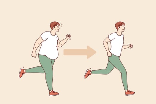 Transformation of fat man turning into thin person, thanks to morning jogging and sports activities. Transformation and weight loss of guy getting rid of excess weight without liposuction and surgery