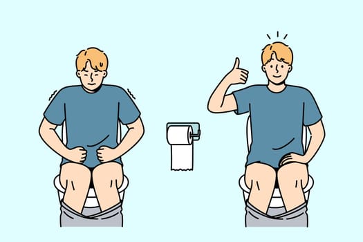Diarrhea or constipation in man sitting on toilet and in pain, or showing thumbs up. Guy with constipation due to intestinal problems and poor nutrition rejoices after being cured.