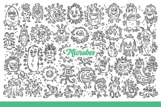 Microbes and bacteria inhabit human body and carry dangerous diseases. Microbes and parasites in form of little monsters with funny faces spreading viral epidemics. Hand drawn doodle