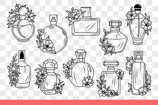 Luxury perfume bottles are decorated with flowers symbolizing natural aroma. Perfume vials with pleasant smell for women who want to be elegant and impress others. Hand drawn doodle