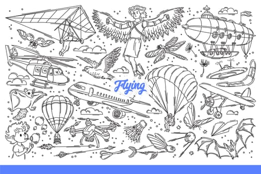 Flying background with airplanes and helicopter or hang glider moving in sky, near bat or quadcopter. Flying elements symbolizing freedom and readiness for travel and long flights. Hand drawn doodle