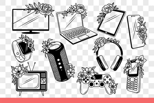 Electronic technology devices and gadgets decorated with flowers are intended for relaxation or working. Laptop and wireless speaker or smartwatch with smartphone. Hand drawn doodle