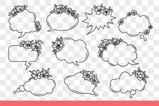 Dialogue clouds decorated with flowers to illustrate direct speech or character commentary and thoughts. Dialogue clouds or bubbles symbolize chatting and exchange of opinions. Hand drawn doodle