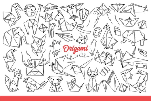 Origami created from sheets of paper symbolize art and desire for creative development. Japanese origami products in form of animals and fish or boats with flowers. Hand drawn doodle