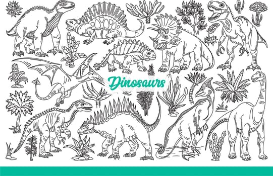 Dinosaurs walk or fly in sky, displaying large teeth and readiness to fight. Ancient dinosaurs monsters similar to lizards, inhabiting earth before meteorite fell. Hand drawn doodle