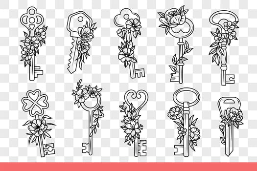 Modern and retro style door padlock keys are decorated with flowers. Keys for opening and closing gates, as metaphor for gaining access and unlocking web password. Hand drawn doodle