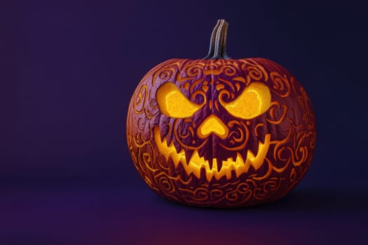 A beautifully carved pumpkin radiates a warm glow, showcasing intricate designs perfect for Halloween celebrations.