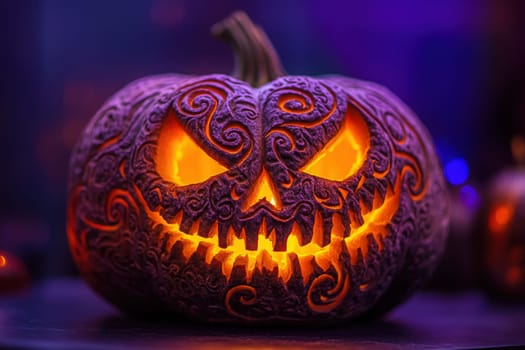 An elaborate carved pumpkin glows ominously, showcasing intricate designs that captivate with a haunting Halloween spirit.
